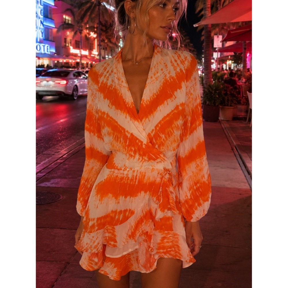ROCOCO SAND Orange Tie Dye‎ Ruffle Mini Dress | Luxe Resort Vacation Dress Small